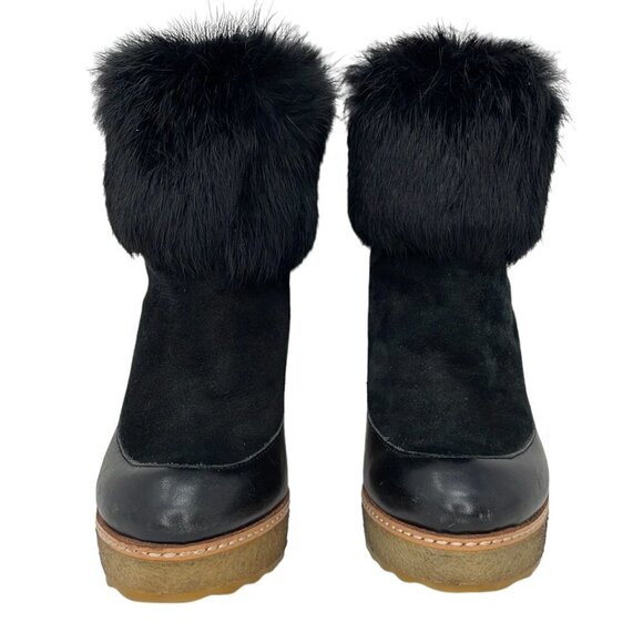 Tory Burch Andrea Rabbit Fur Wedge Soho Luxury Suede Black Size 5 - Picture 3 of 13
